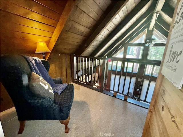 9312 Mountain Meadow Rd, Shingletown, CA 96088 - living area with wood ceiling, a ceiling fan, and wood walls