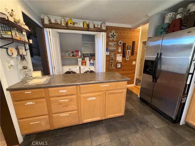 9312 Mountain Meadow Rd, Shingletown, CA 96088 - kitchen featuring stainless steel fridge with ice dispenser, ornamental molding, open shelves, washer and clothes dryer, and a peninsula