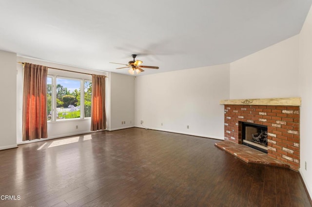 2000 Morongo Dr, Camarillo, CA 93012 - unfurnished living room with a ceiling fan, wood finished floors, and a brick fireplace