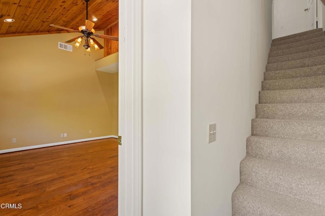 2000 Morongo Dr, Camarillo, CA 93012 - staircase featuring wooden ceiling, wood finished floors, a ceiling fan, recessed lighting, and lofted ceiling