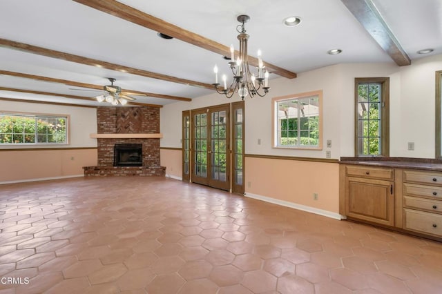 2000 Morongo Dr, Camarillo, CA 93012 - unfurnished living room featuring beamed ceiling, ceiling fan, a fireplace, a chandelier, and recessed lighting
