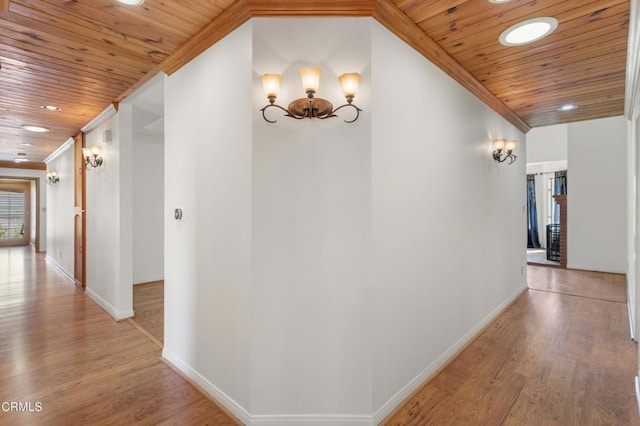 2000 Morongo Dr, Camarillo, CA 93012 - hall with crown molding, wood ceiling, a chandelier, wood finished floors, and recessed lighting