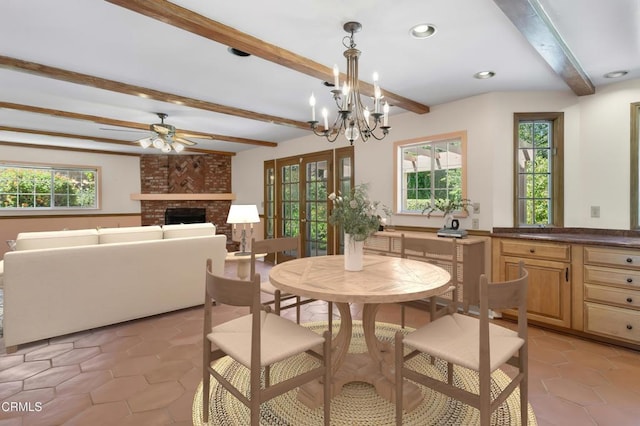 2000 Morongo Dr, Camarillo, CA 93012 - dining area featuring beamed ceiling, a ceiling fan, a fireplace, light tile patterned floors, and recessed lighting