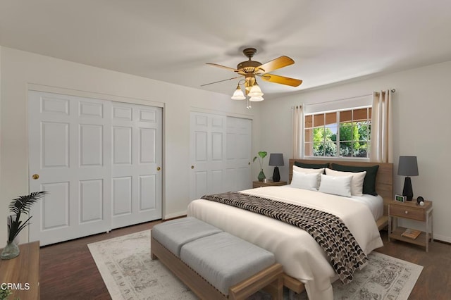 2000 Morongo Dr, Camarillo, CA 93012 - bedroom featuring two closets, dark wood-style floors, and ceiling fan