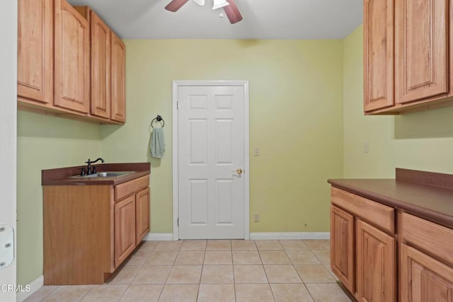 2000 Morongo Dr, Camarillo, CA 93012 - kitchen featuring ceiling fan, light tile patterned floors, and dark countertops