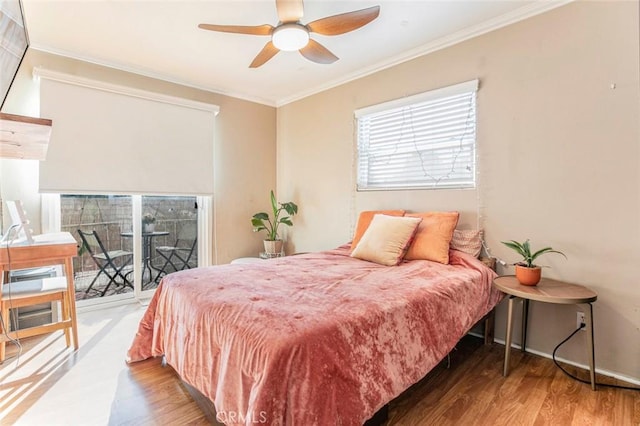 417 N Lamer St, Burbank, CA 91506 - bedroom with access to exterior, wood finished floors, crown molding, and a ceiling fan