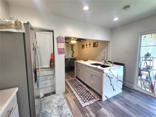 8626 Laurel Canyon Blvd, Sun Valley, CA 91352 - kitchen with stainless steel refrigerator with ice dispenser, wood finished floors, gray cabinets, ceiling fan, and recessed lighting
