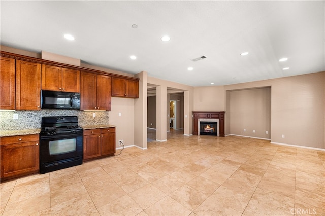 1909 Crystal Cove Ct, Redlands, CA 92374 - kitchen featuring black appliances, brown cabinetry, backsplash, light stone countertops, and recessed lighting