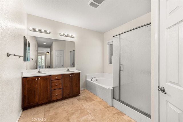 1909 Crystal Cove Ct, Redlands, CA 92374 - bathroom with a garden tub, a stall shower, double vanity, and ceiling fan