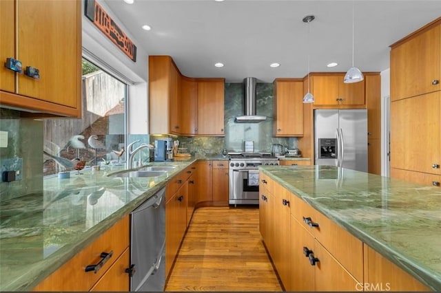 425 Via El Chico, Redondo Beach, CA 90277 - kitchen with wall chimney exhaust hood, appliances with stainless steel finishes, light wood-style flooring, light stone countertops, and recessed lighting