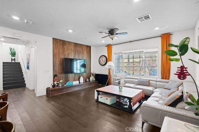 7524 Cessna St, Chino, CA 91708 - living area with recessed lighting, a ceiling fan, stairs, and wood finished floors