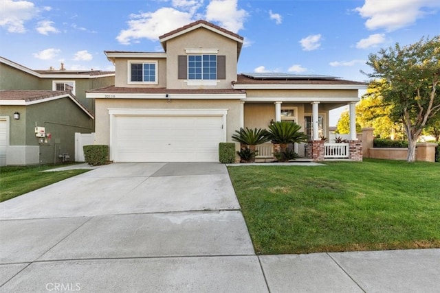 32110 Camino Herencia, Temecula, CA 92592 - view of front of house with covered porch, a garage, a front yard, and solar panels