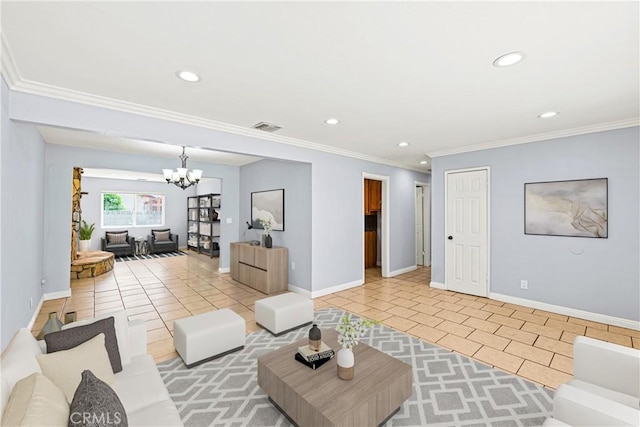 11244 Broadmead St, South El Monte, CA 91733 - living area with recessed lighting, a chandelier, light tile patterned flooring, and ornamental molding