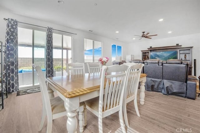 1246 Venice Ave, Mentone, CA 92359 - dining room with wood finished floors, a ceiling fan, and recessed lighting