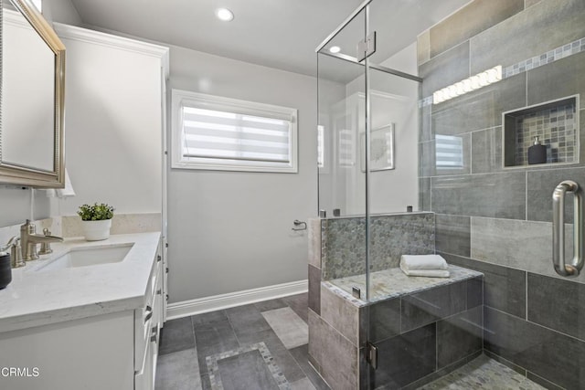 4961 Alcove Ave, Valley Village, CA 91607 - bathroom with vanity, a stall shower, and recessed lighting