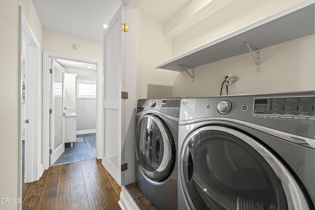 4961 Alcove Ave, Valley Village, CA 91607 - laundry room featuring dark wood-type flooring and washer and clothes dryer