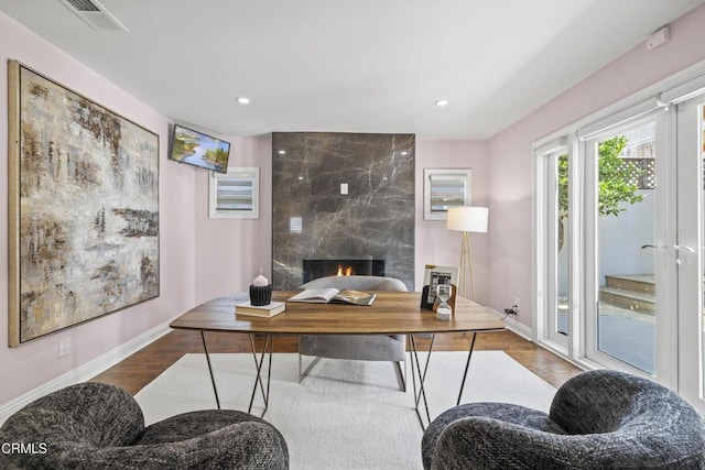 4961 Alcove Ave, Valley Village, CA 91607 - office area featuring a fireplace, recessed lighting, and wood finished floors