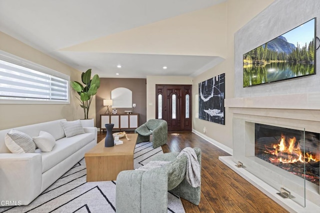 4961 Alcove Ave, Valley Village, CA 91607 - living area featuring wood-type flooring, a premium fireplace, recessed lighting, and lofted ceiling
