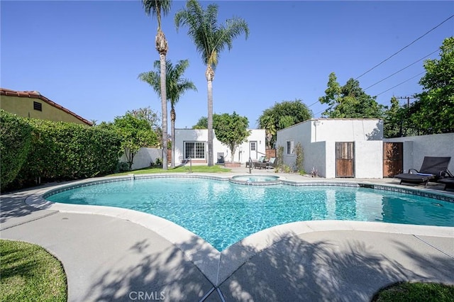 240 Rosemont Blvd, San Gabriel, CA 91775 - view of swimming pool featuring an outbuilding, a patio, a pool with connected hot tub, and an exterior structure