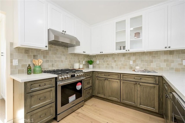 240 Rosemont Blvd, San Gabriel, CA 91775 - kitchen with stainless steel gas stove, under cabinet range hood, light countertops, and light wood-type flooring