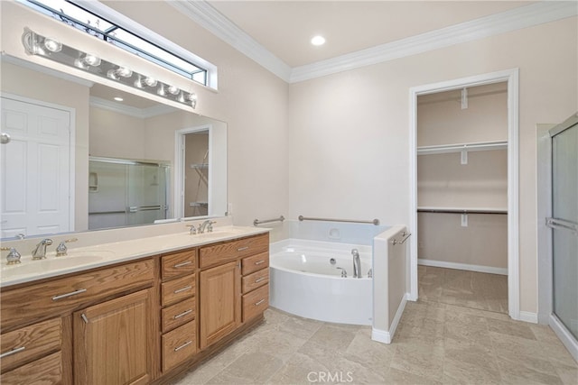 19570 Vermillion Ln, Apple Valley, CA 92308 - full bathroom with a stall shower, a walk in closet, double vanity, and crown molding