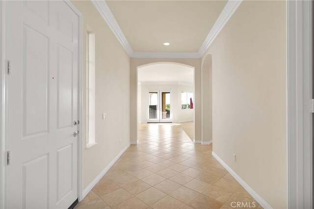 19570 Vermillion Ln, Apple Valley, CA 92308 - corridor with arched walkways, ornamental molding, recessed lighting, and light tile patterned flooring