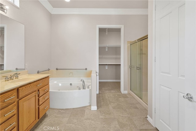 19570 Vermillion Ln, Apple Valley, CA 92308 - full bathroom with crown molding, vanity, a stall shower, a bath, and a spacious closet