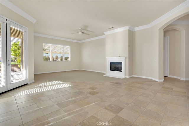 19570 Vermillion Ln, Apple Valley, CA 92308 - unfurnished living room featuring ornamental molding, ceiling fan, arched walkways, and a glass covered fireplace
