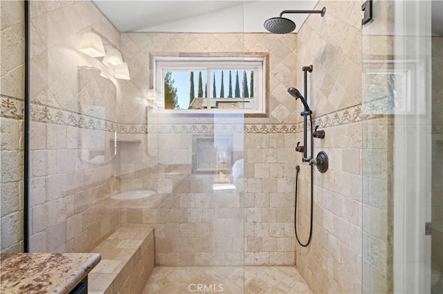 28610 Cloverleaf Pl, Castaic, CA 91384 - bathroom with vaulted ceiling and a tile shower