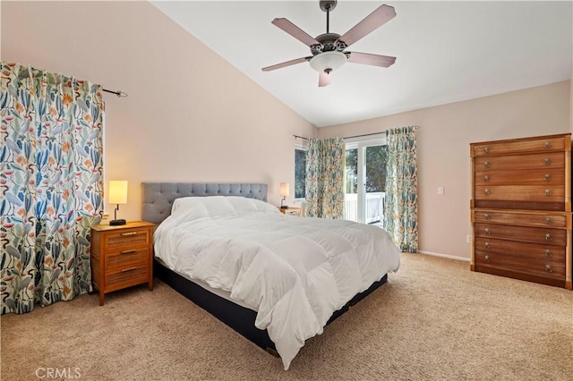 28610 Cloverleaf Pl, Castaic, CA 91384 - bedroom with access to outside, light colored carpet, vaulted ceiling, and ceiling fan