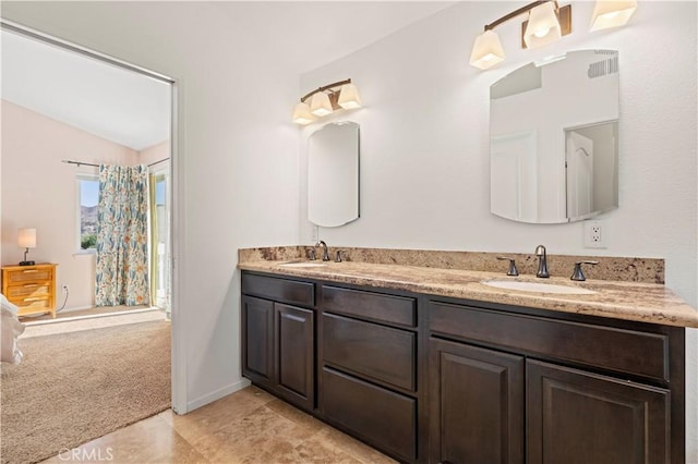 28610 Cloverleaf Pl, Castaic, CA 91384 - bathroom featuring double vanity, tile patterned floors, and vaulted ceiling