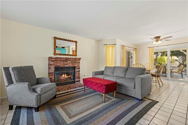 28610 Cloverleaf Pl, Castaic, CA 91384 - living room with light tile patterned floors, a brick fireplace, and ceiling fan