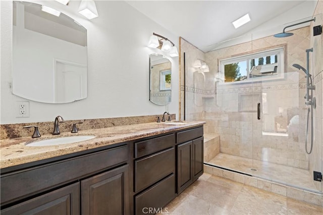 28610 Cloverleaf Pl, Castaic, CA 91384 - full bath featuring lofted ceiling, a stall shower, and double vanity