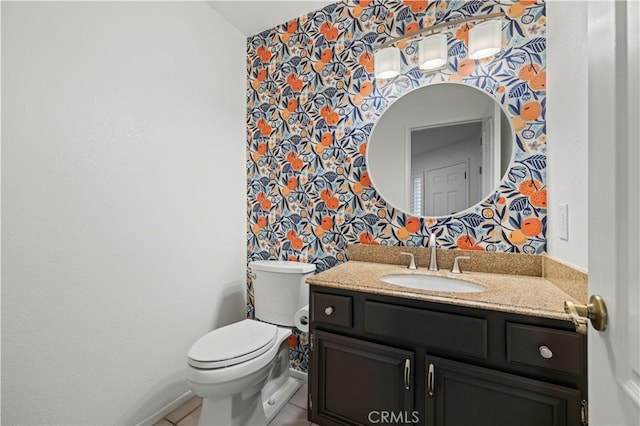 28610 Cloverleaf Pl, Castaic, CA 91384 - bathroom featuring wallpapered walls, vanity, an accent wall, and tile patterned floors