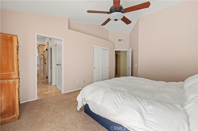 28610 Cloverleaf Pl, Castaic, CA 91384 - bedroom featuring vaulted ceiling, light colored carpet, ceiling fan, ensuite bath, and a closet