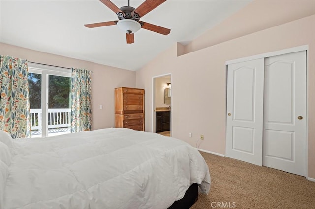 28610 Cloverleaf Pl, Castaic, CA 91384 - bedroom featuring access to outside, vaulted ceiling, light carpet, ensuite bath, and a ceiling fan