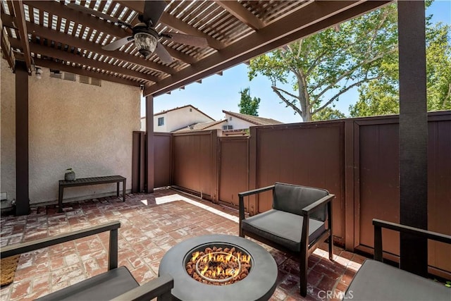25735 Hogan Dr Unit E11, Valencia, CA 91355 - fenced backyard with a patio, a ceiling fan, an outdoor fire pit, and a pergola