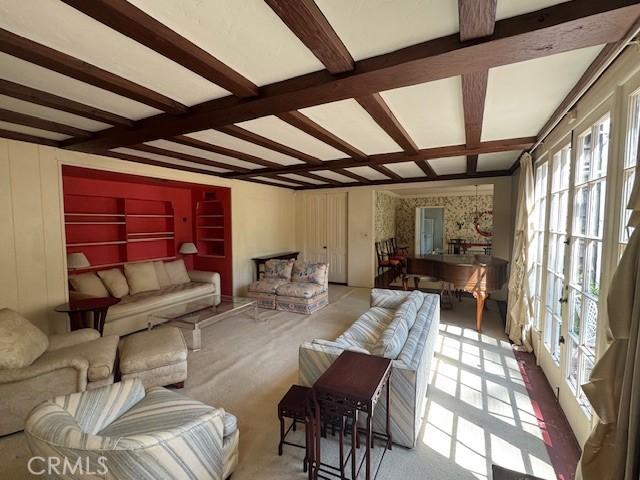 736 Burleigh Dr, Pasadena, CA 91105 - carpeted living room featuring beamed ceiling