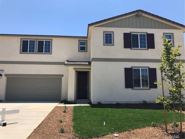 1031 Coriander St, Calimesa, CA 92320 - view of front of property featuring concrete driveway, a garage, a front lawn, and stucco siding
