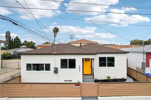3821 Shiloh Rd, San Diego, CA 92105 - view of front of house featuring stucco siding, a fenced front yard, and a shingled roof