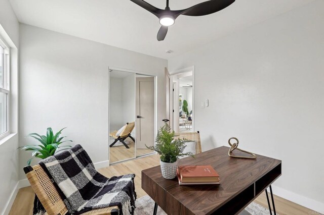 3821 Shiloh Rd, San Diego, CA 92105 - office area with light wood-style floors, ceiling fan, and plenty of natural light