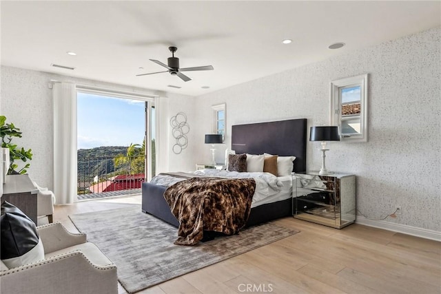 3 Coral Cay, Newport Coast, CA 92657 - bedroom featuring access to outside, wood finished floors, ceiling fan, and recessed lighting