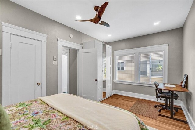 1616 E Ocean Blvd Unit 6, Long Beach, CA 90802 - bedroom featuring wood finished floors, a desk, recessed lighting, ceiling fan, and a closet