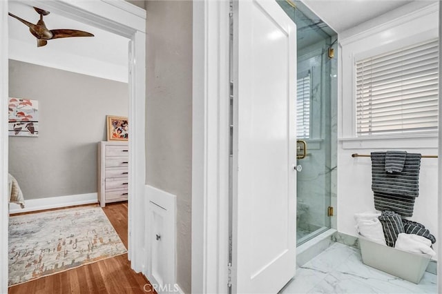 1616 E Ocean Blvd Unit 6, Long Beach, CA 90802 - bathroom featuring a stall shower, a ceiling fan, and wood finished floors