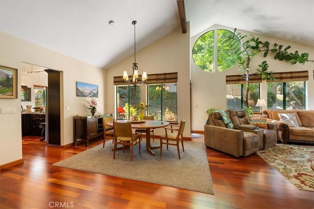 6271 Twinberry Cir Unit 6, Avila Beach, CA 93424 - dining room with a chandelier, plenty of natural light, high vaulted ceiling, wood-type flooring, and beam ceiling