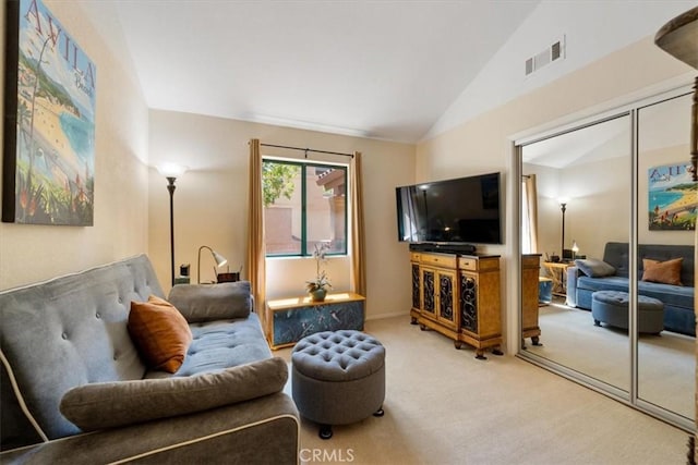 6271 Twinberry Cir Unit 6, Avila Beach, CA 93424 - living room featuring light carpet and vaulted ceiling