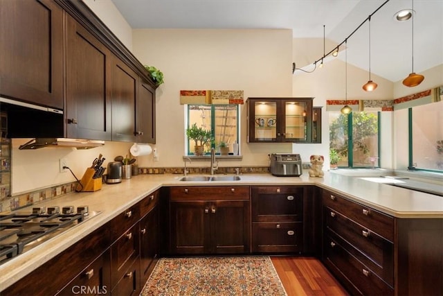 6271 Twinberry Cir Unit 6, Avila Beach, CA 93424 - kitchen featuring stainless steel gas stovetop, light countertops, light wood finished floors, dark brown cabinetry, and lofted ceiling