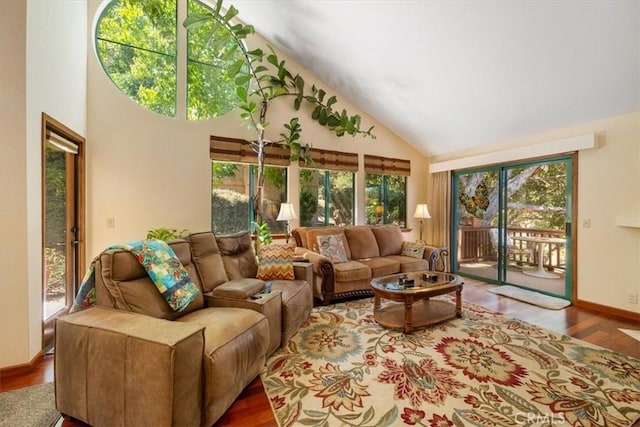 6271 Twinberry Cir Unit 6, Avila Beach, CA 93424 - living area featuring high vaulted ceiling, healthy amount of natural light, and wood finished floors