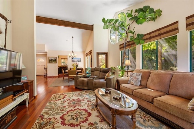 6271 Twinberry Cir Unit 6, Avila Beach, CA 93424 - living area featuring a towering ceiling, dark wood-style flooring, a chandelier, and beamed ceiling