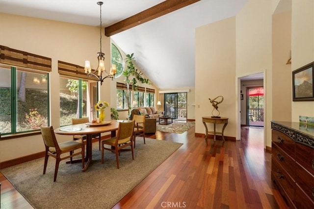 6271 Twinberry Cir Unit 6, Avila Beach, CA 93424 - dining space with high vaulted ceiling, beam ceiling, a chandelier, and dark wood finished floors